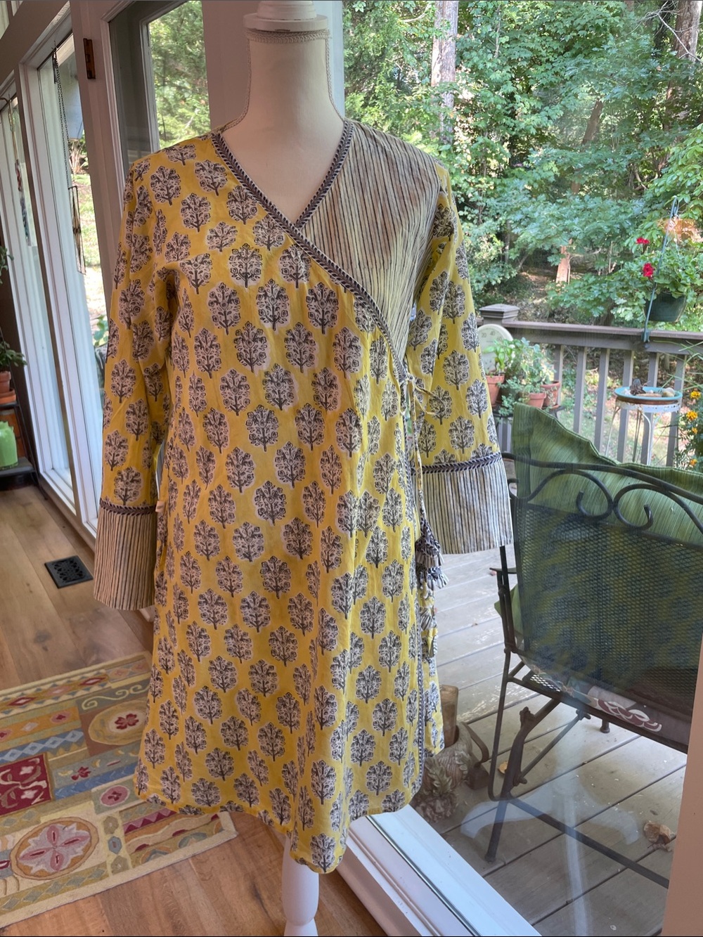 Yellow Floral Wrap cotton Dress/Tunic with Striped Trim - pockets and tassels